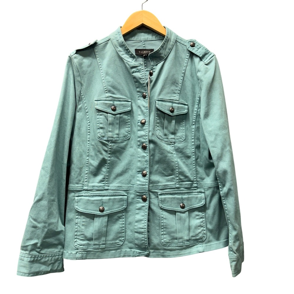 Talbots Field Jacket Womens L Military Utility Coastal Blue Garment Dyed NEW